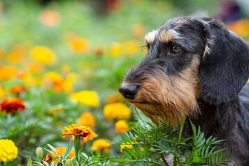 Adorable Dachshund Dog Standing Among Vibrant Yellow Flowers in a Garden