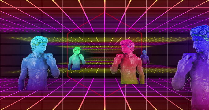 Colorful statues in neon grid image, creating retro-futuristic aesthetic - Powered by Adobe