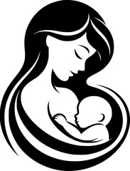 A minimalist black and white illustration of a mother lovingly holding her baby