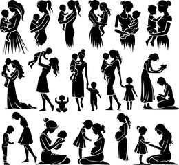 A set of black silhouettes showcasing mothers and children in diverse poses, including holding, walking, and comforting.
