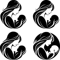 A set of four minimalist black and white illustration of a mother lovingly holding her baby