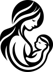 A minimalist black and white illustration of a mother lovingly holding her baby