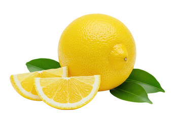 Bright yellow whole lemon with two slices and green leaves isolated on white background