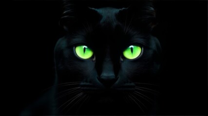 green eyes of a black cat on a black background close-up