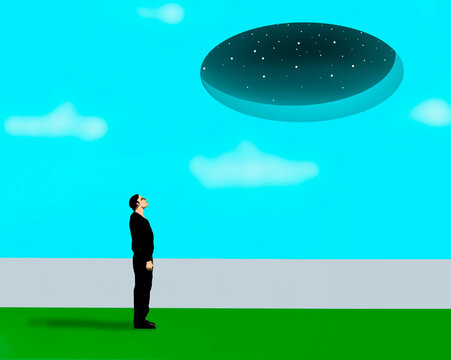 Concept illustration of a man looking up at stars through a hole in the sky