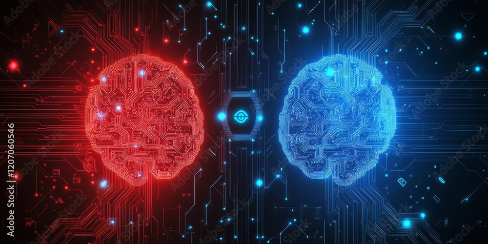Poster two glowing brains connected by circuit board.
