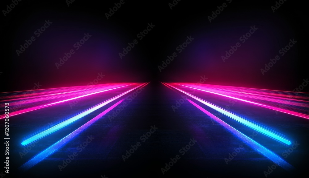 Poster Abstract neon lines converging in dark background.