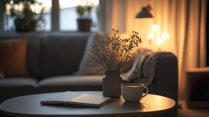 Living room with a tranquil vibe, featuring a cup of coffee and an agenda on a coffee table, soft lighting enhancing the cozy atmosphere