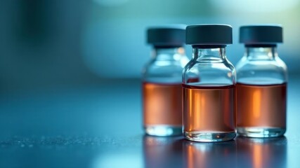 Glass jars with brown-colored vaccines stand on the table