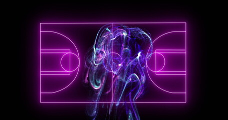 Fototapeta premium Neon basketball court lines with swirling abstract image in center