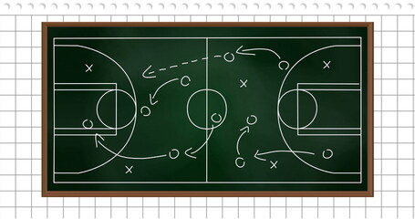 Fototapeta premium Basketball strategy image over chalkboard court diagram with player positions and arrows