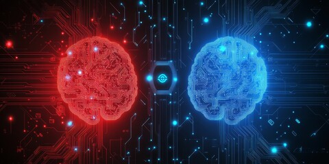 Two glowing brains connected by circuit board.