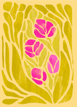 Abstract floral illustration with pink flowers and green leaves in a stained glass style