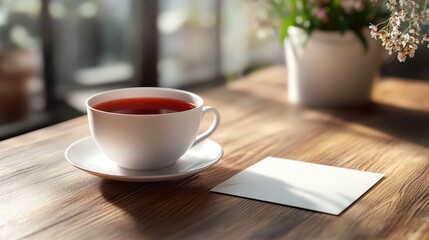 Serene Scene Featuring an Empty White Tea Cup Next to a Blank Note on a Wooden Table with Natural Light and Greenery in the Background