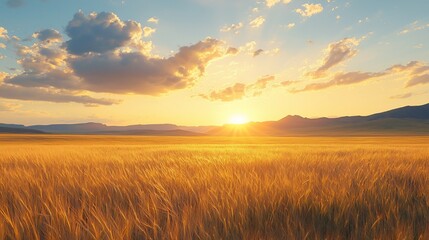 Obraz premium Golden wheat field at sunset with mountains in background.