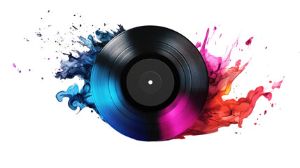 A vibrant vinyl record with splashes of blue and pink paint, symbolizing music and creativity.