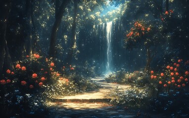 Magical Waterfall Forest Path Roses Digital Art