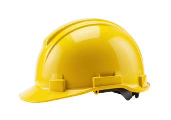 Bright yellow construction helmet with a glossy surface, isolated on white background