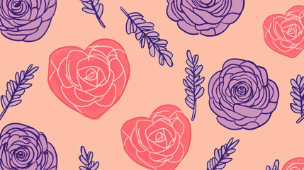 Doodle heart and rose pattern in pink and lavender tones on peach background