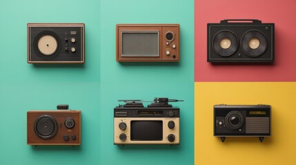 A collection of vintage radios displayed on colorful backgrounds, showcasing retro designs and various styles of audio technology.