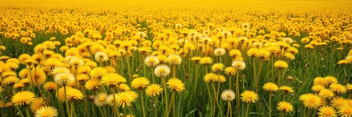 Obraz premium A vast expanse of golden dandelions on a sunny day in the countryside, sunny day, nature