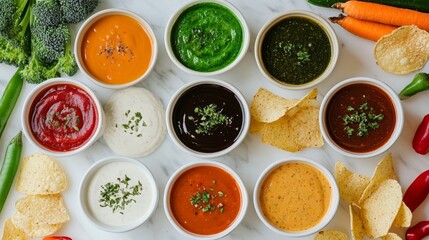 Assorted Sauces and Dips with Fresh Vegetables and Tortilla Chips