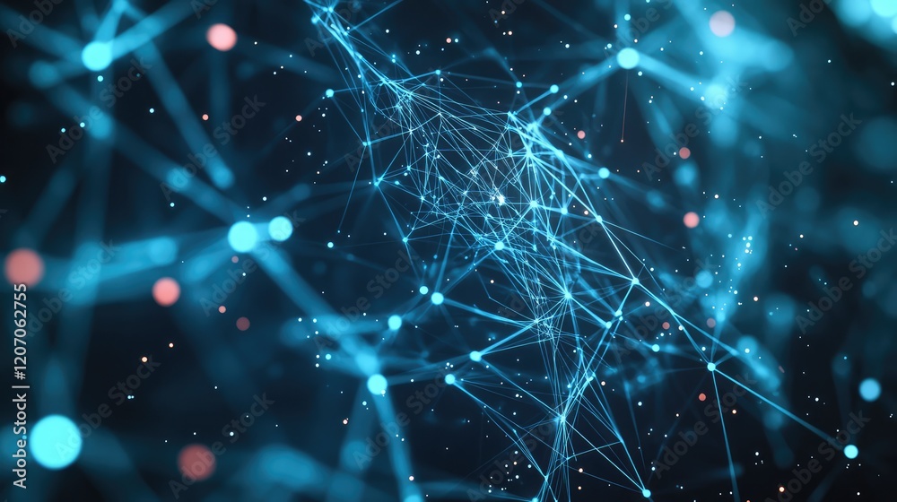 Poster blue glowing digital ai brain hologram with connected nodes and data streams, set against a gradient