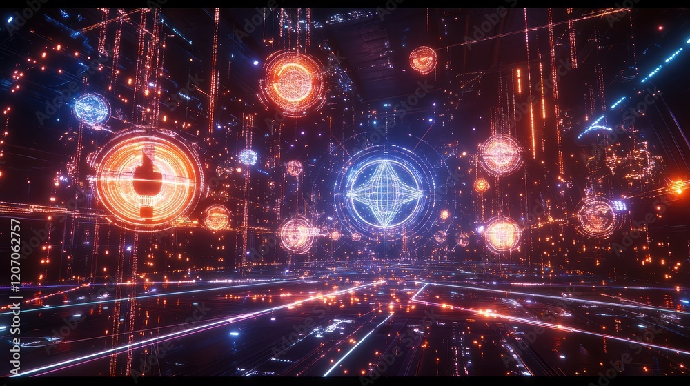 Poster big data ecosystem represented by glowing interconnected nodes and holographic analytics in a futuri
