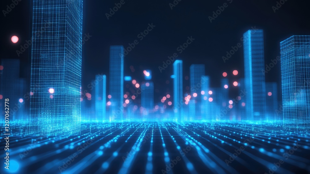 Poster blue glowing digital ai brain hologram with connected nodes and data streams, set against a gradient