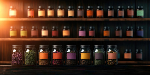 A beautifully arranged display of colorful spice jars on wooden shelves, creating an inviting and vibrant atmosphere.