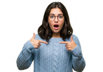 Young woman wearing glasses and a light blue sweater, looking surprised while pointing at herself, isolated on white background