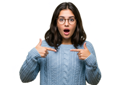 Young woman wearing glasses and a light blue sweater, looking surprised while pointing at herself, isolated on white background