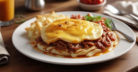 A warm and inviting breakfast plate featuring melted cheddar cheese, caramelized onions, and tangy tomato sauce, plate, , sauce
