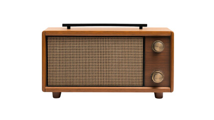 A vintage radio with wooden casing and a woven speaker grille, featuring two knobs for tuning and volume control.