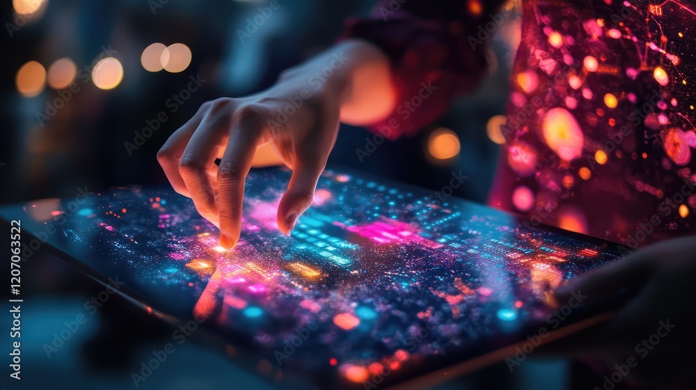 Poster conceptual ai-powered interface of glowing text inputs generating holographic visuals surrounded by 