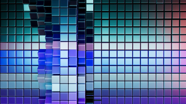3D render of neon colored cubes in an abstract geometric pattern
