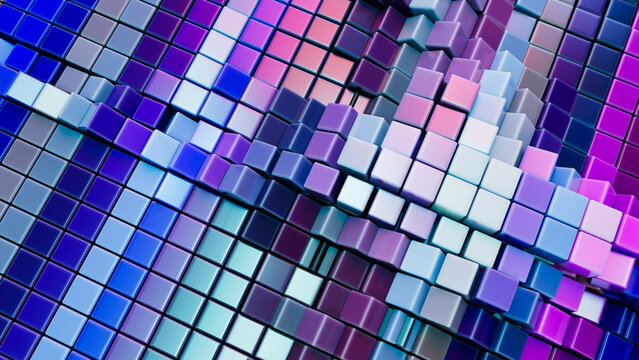 3D render of neon colored cubes in an abstract geometric pattern