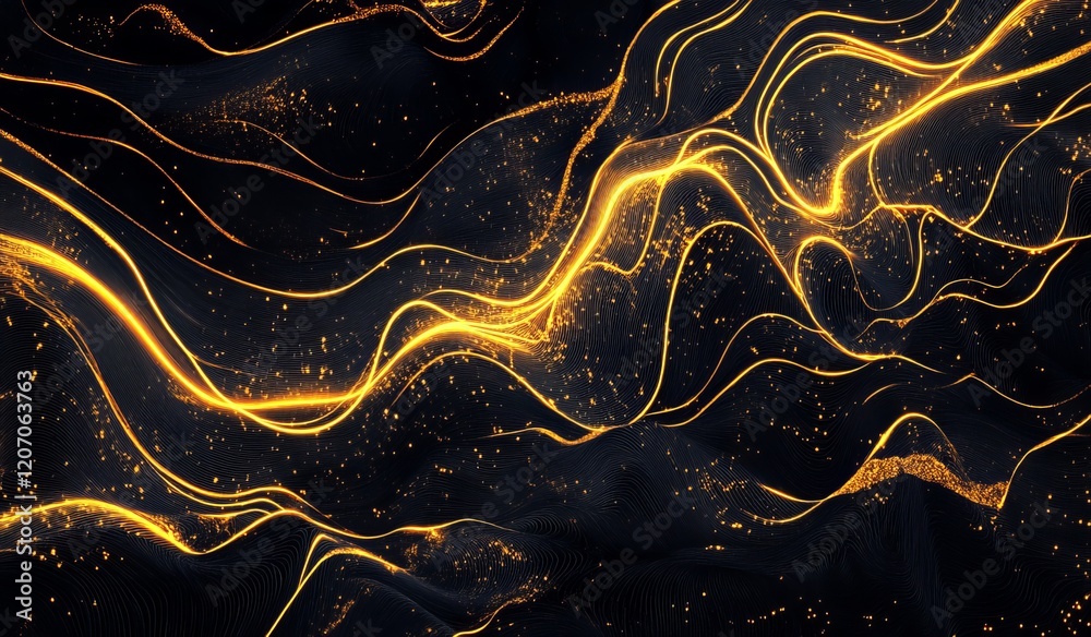 Poster abstract gold glowing lines and particles on black background.