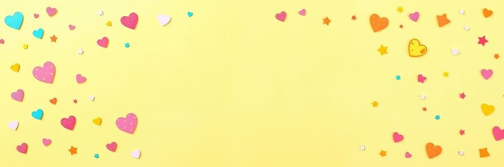 A whimsical background with a mixture of bright yellow and pastel colors, filled with colorful shapes like hearts, stars, and animals, yellow background, playful patterns