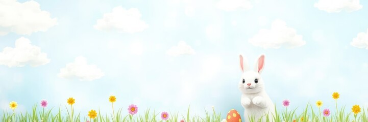 Obraz premium A whimsical Easter bunny background featuring pastel colors and fluffy clouds, Easter, festive