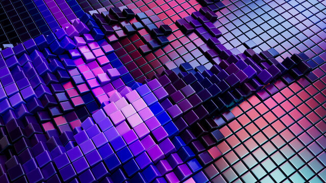 3D render of neon colored cubes in an abstract geometric pattern