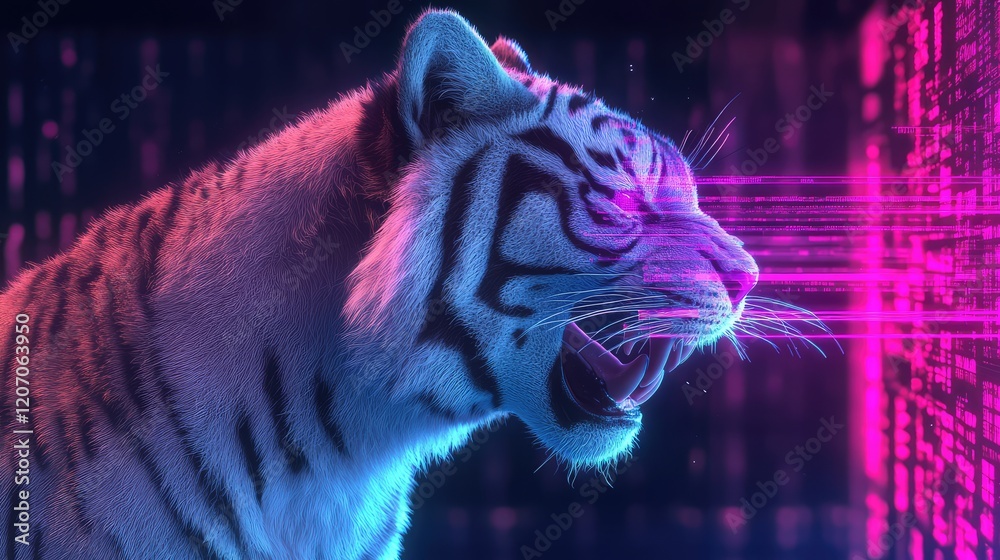 Poster conceptual digital wave showcasing the process of text-to-image generation with glowing holographic 