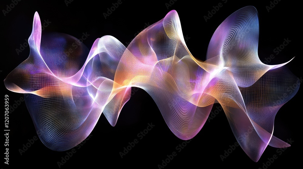 Poster conceptual digital wave showcasing the process of text-to-image generation with glowing holographic 