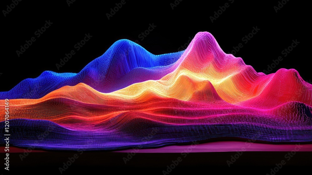Poster conceptual glowing digital landscape showcasing an ai system converting text prompts into high-resol