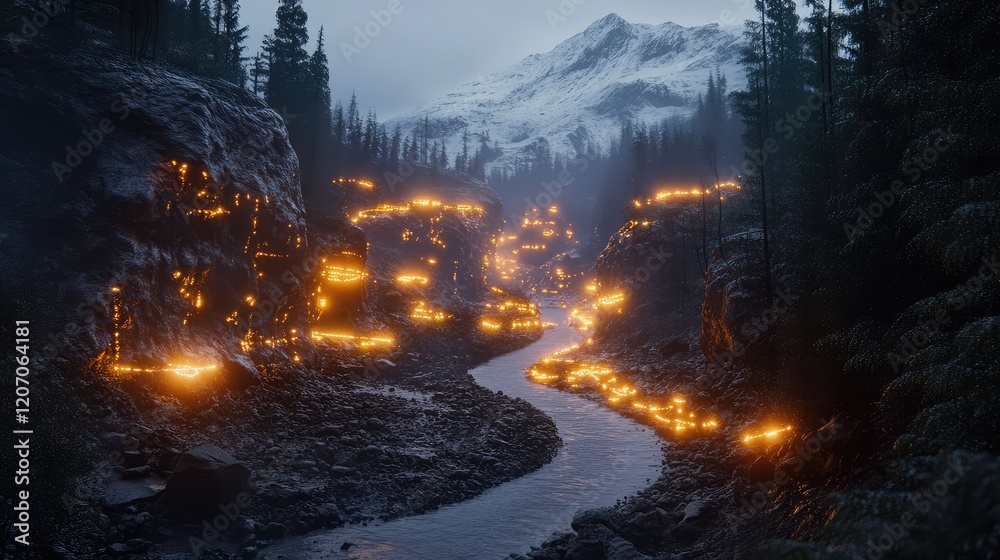 Poster conceptual glowing digital landscape showcasing an ai system converting text prompts into high-resol