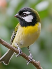 Fototapeta premium Small yellow and black songbird perched on a branch in a green forest.