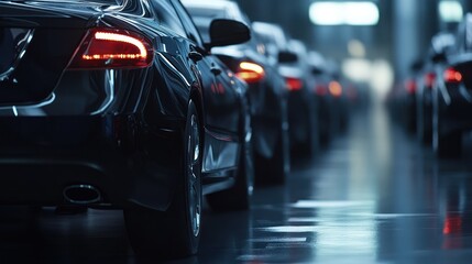 Fototapeta premium Personalized car hire service with sleek black sedans ready for executive clients, a polished and professional setting