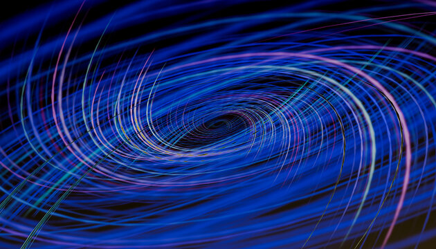 Abstract 3D render of swirling blue and purple lines on a black background