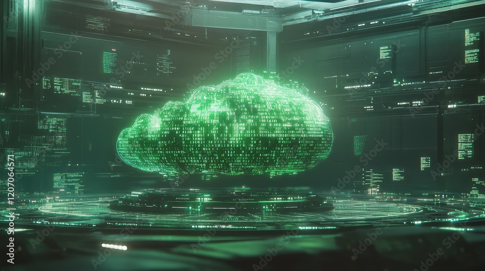 Poster digital analytics cloud with glowing binary code and holographic charts, surrounded by futuristic ne