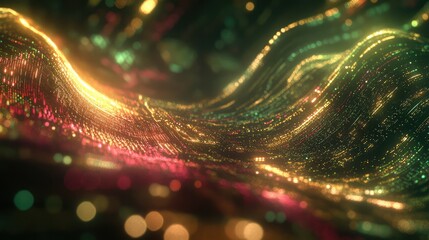 Digital data stream glowing with binary code and analytics visualizations, flowing through a futuristic abstract space